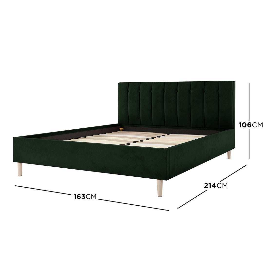 Kelly Queen Velvet Bed Frame – Dark Forest Green features a close-up of its channel-tufted headboard, showcasing luxurious velvet upholstery and sturdy design elements, perfect for a sophisticated bedroom centerpiece.