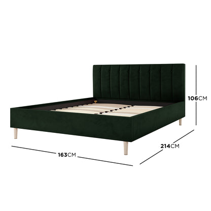 Kelly Queen Velvet Bed Frame – Dark Forest Green features a close-up of its channel-tufted headboard, showcasing luxurious velvet upholstery and sturdy design elements, perfect for a sophisticated bedroom centerpiece.