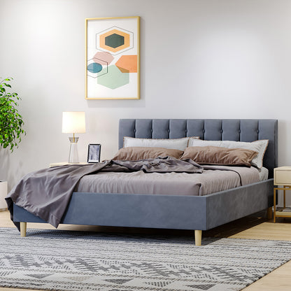 Kelly Velvet Bed Frame – Grey: Features a plush rectangular headboard with vertical tufting, mid-century-inspired legs, and a solid wood frame with metal support, ideal for modern bedroom interiors.