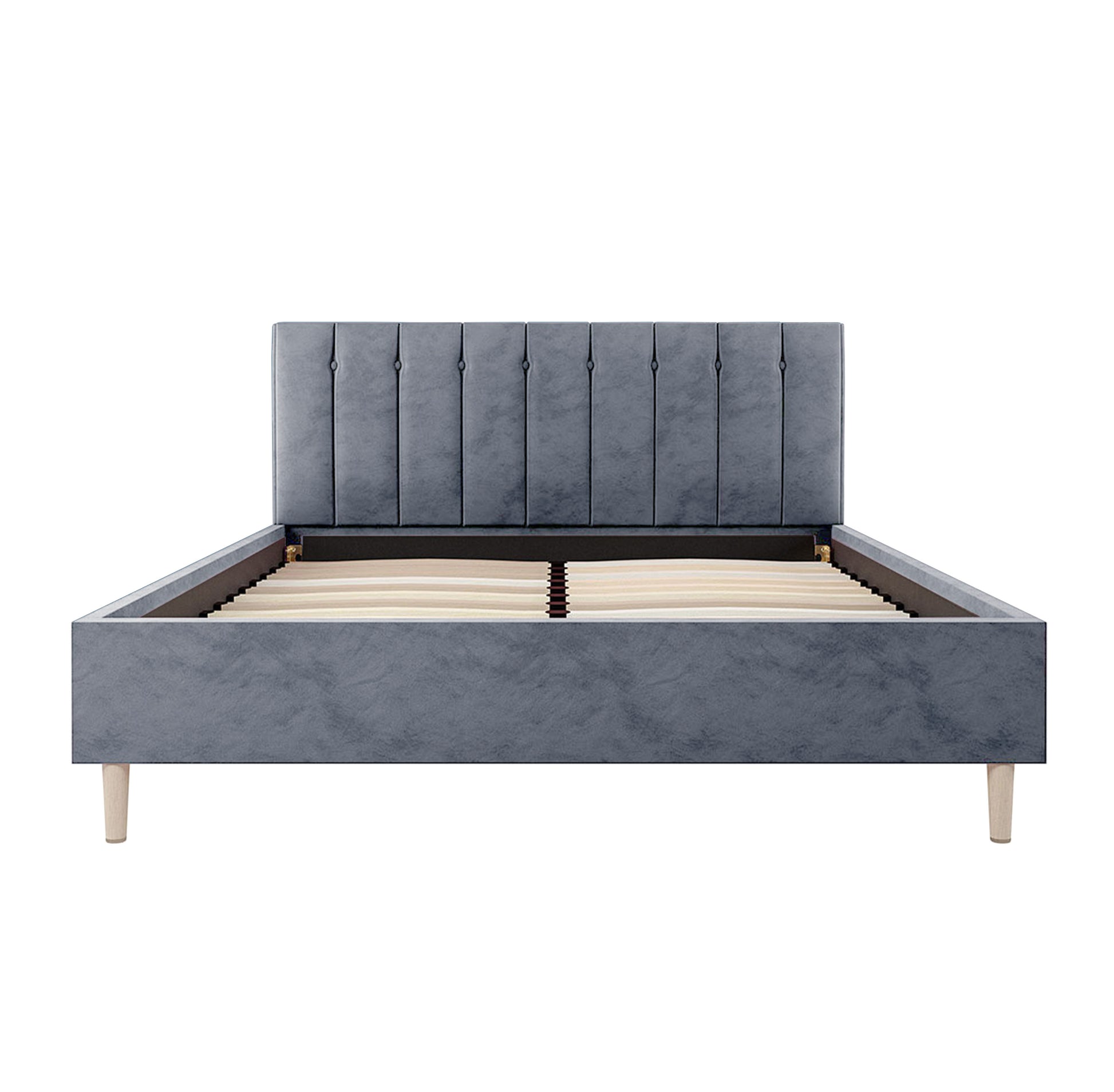 Kelly Queen Velvet Bed Frame – Grey: Close-up of the bed frame showcasing plush velvet headboard with vertical tufting, mid-century-inspired legs, and solid wood construction for modern bedroom elegance and durability.