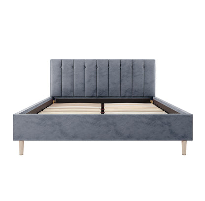Kelly Queen Velvet Bed Frame – Grey: Close-up of the bed frame showcasing plush velvet headboard with vertical tufting, mid-century-inspired legs, and solid wood construction for modern bedroom elegance and durability.