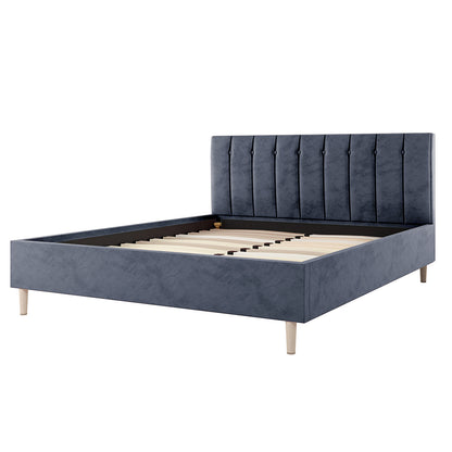 Kelly Velvet Bed Frame – Queen, showcasing a plush rectangular headboard with vertical channel tufting, mid-century-inspired legs, and a solid wood foundation, designed for durability and elegance.