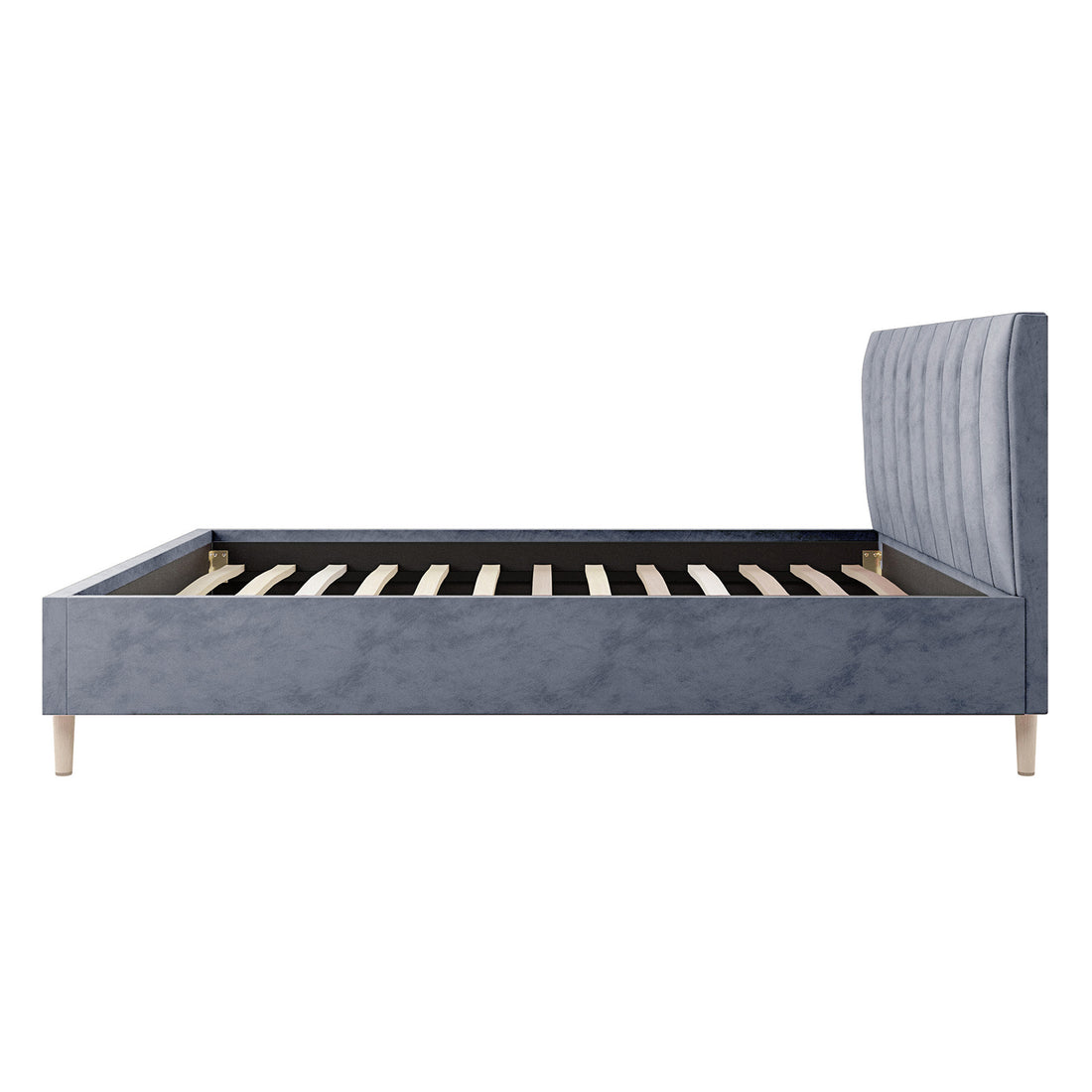 Kelly Queen Velvet Bed Frame – Grey, features a plush headboard with vertical channel tufting, mid-century-inspired legs, and a sturdy wood and metal frame, designed for lasting durability and modern elegance.