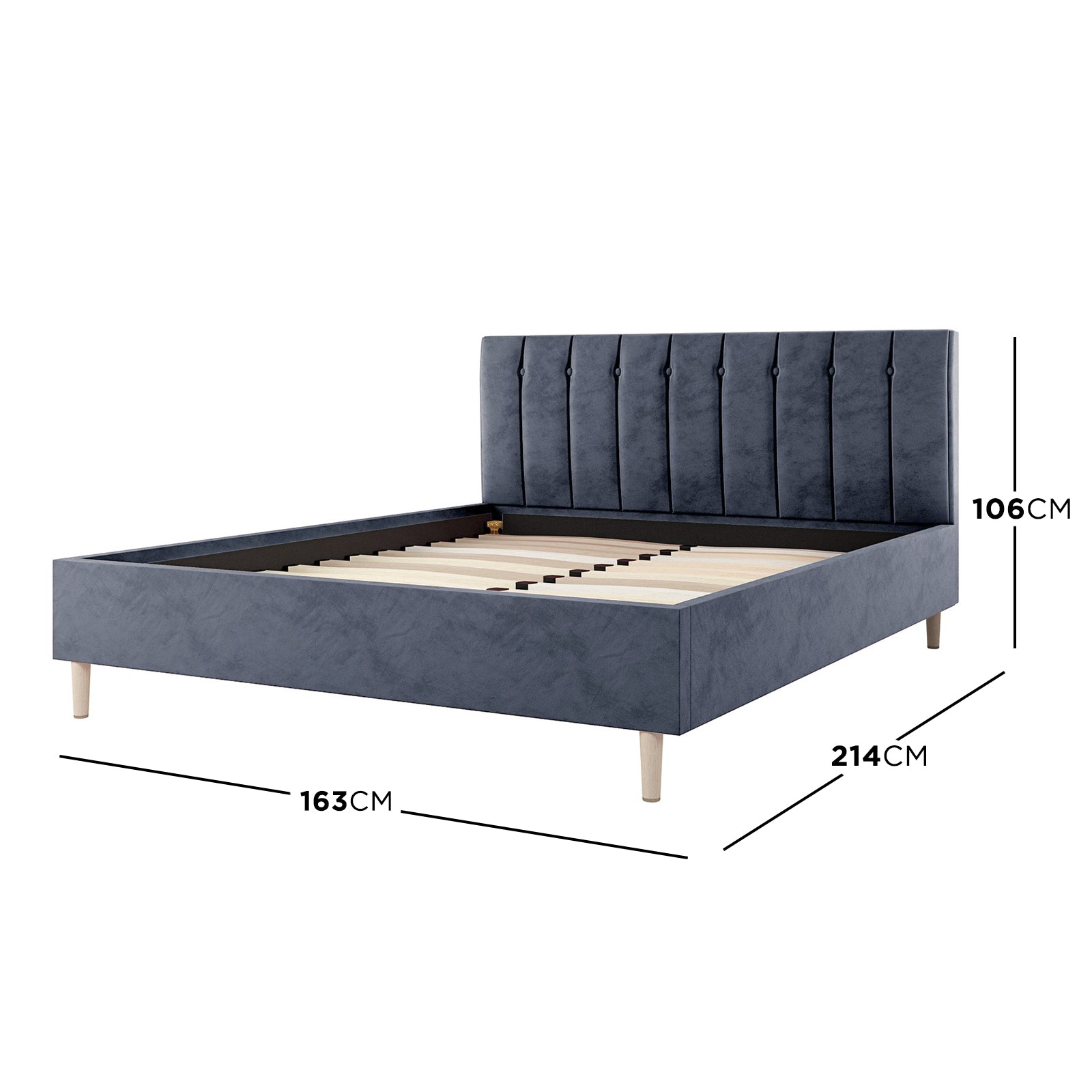 Kelly Queen Velvet Bed Frame – Grey: Close-up of a plush, rectangular headboard with vertical channel tufting, supported by mid-century-inspired legs, showcasing its elegant and modern bedroom centerpiece design.
