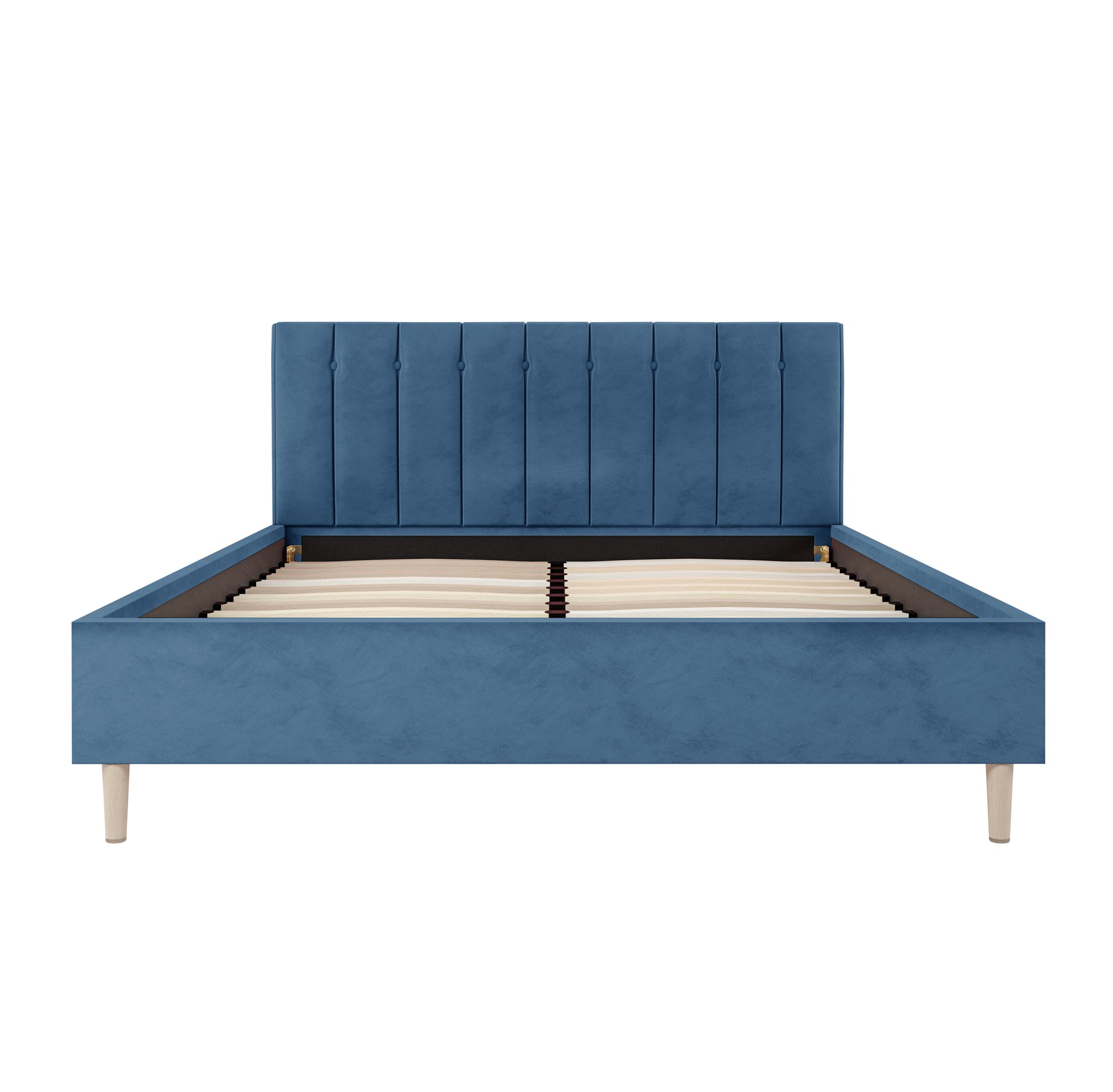 Kelly Velvet Bed Frame - Queen (Ocean Blue), featuring a rectangular headboard with button tufting, framed in deep velvet, and supported by tapered solid wood legs, showcasing its mid-century design.