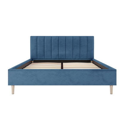 Kelly Velvet Bed Frame - Queen (Ocean Blue), featuring a rectangular headboard with button tufting, framed in deep velvet, and supported by tapered solid wood legs, showcasing its mid-century design.