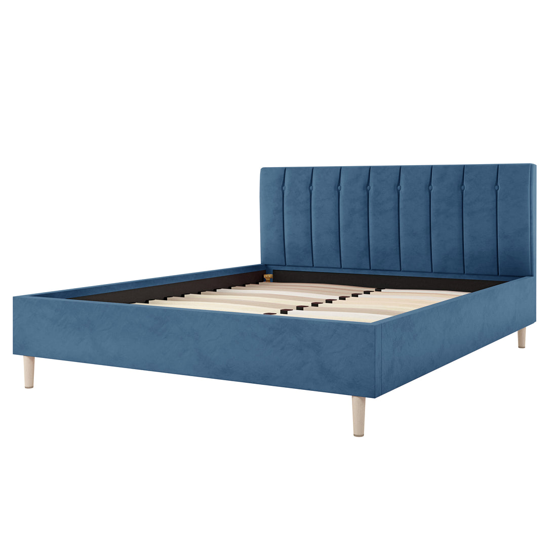Kelly Velvet Bed Frame - Queen (Ocean Blue) featuring a plush, button-tufted blue headboard with elegant vertical channels and sleek, tapered wooden legs, embodying mid-century sophistication. Ideal for stylish bedroom settings.