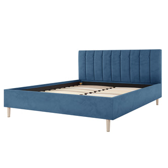 Kelly Velvet Bed Frame - Queen (Ocean Blue) featuring a plush, button-tufted blue headboard with elegant vertical channels and sleek, tapered wooden legs, embodying mid-century sophistication. Ideal for stylish bedroom settings.