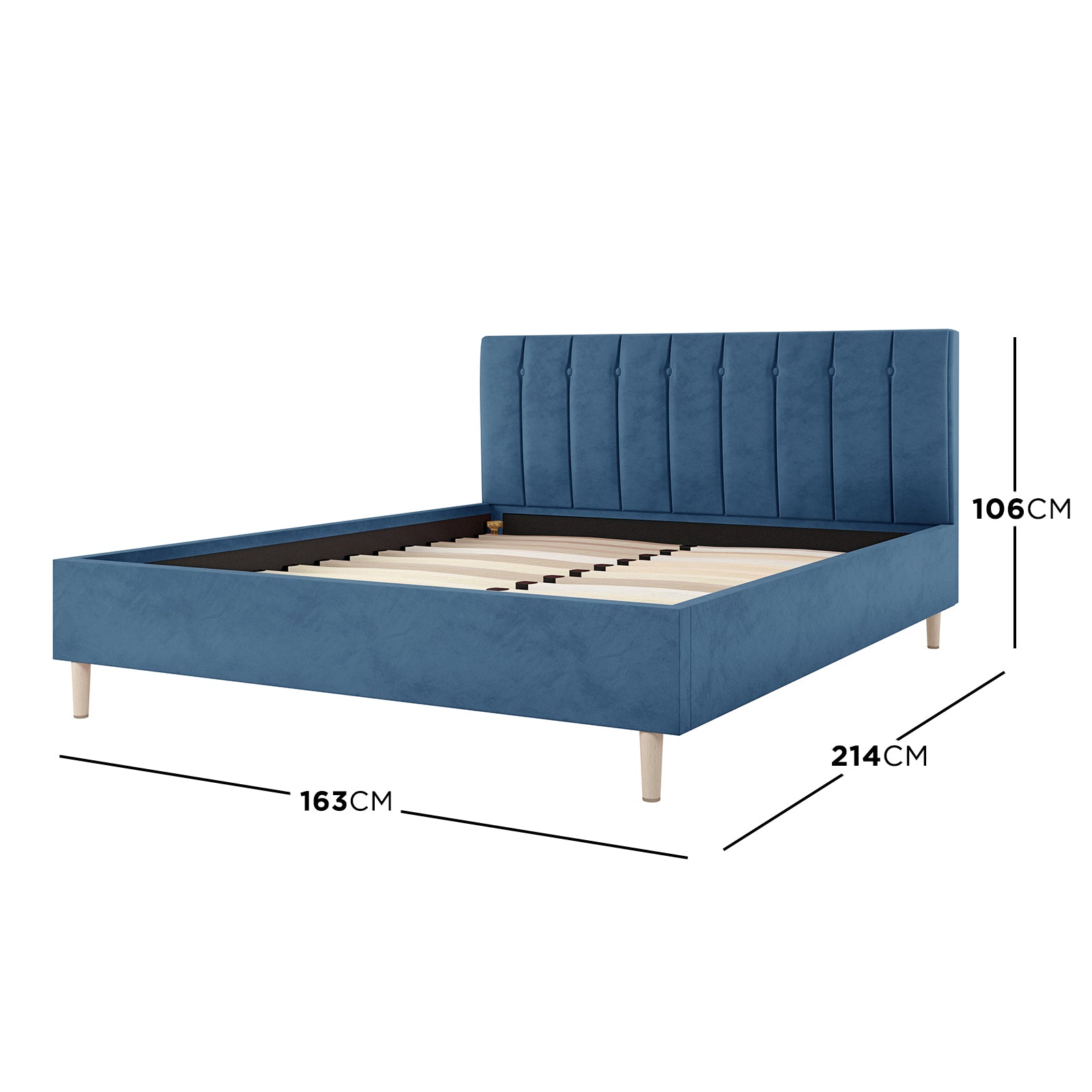 Kelly Velvet Bed Frame - Queen (Ocean Blue) features a plush rectangular headboard with button accents and a sleek design, supported by sturdy, tapered wood legs, ideal for stylish bedroom decor.