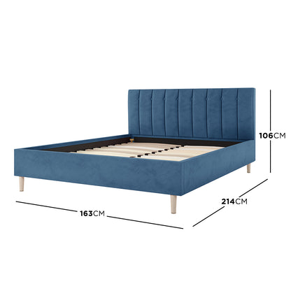 Kelly Velvet Bed Frame - Queen (Ocean Blue) features a plush rectangular headboard with button accents and a sleek design, supported by sturdy, tapered wood legs, ideal for stylish bedroom decor.