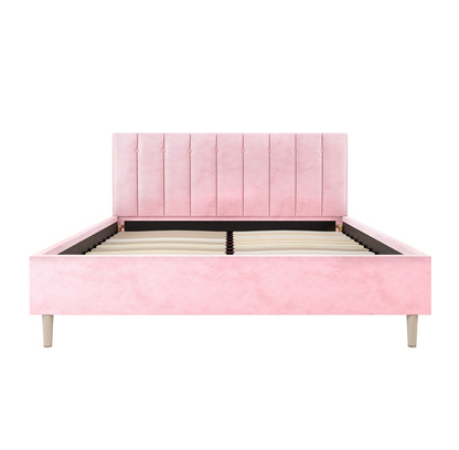 Kelly Queen Velvet Fabric Bed Frame in Pink features a tall, vertically-tufted headboard, low side rails, footboard, and exposed wooden legs, all elegantly upholstered, ready to support a queen mattress.
