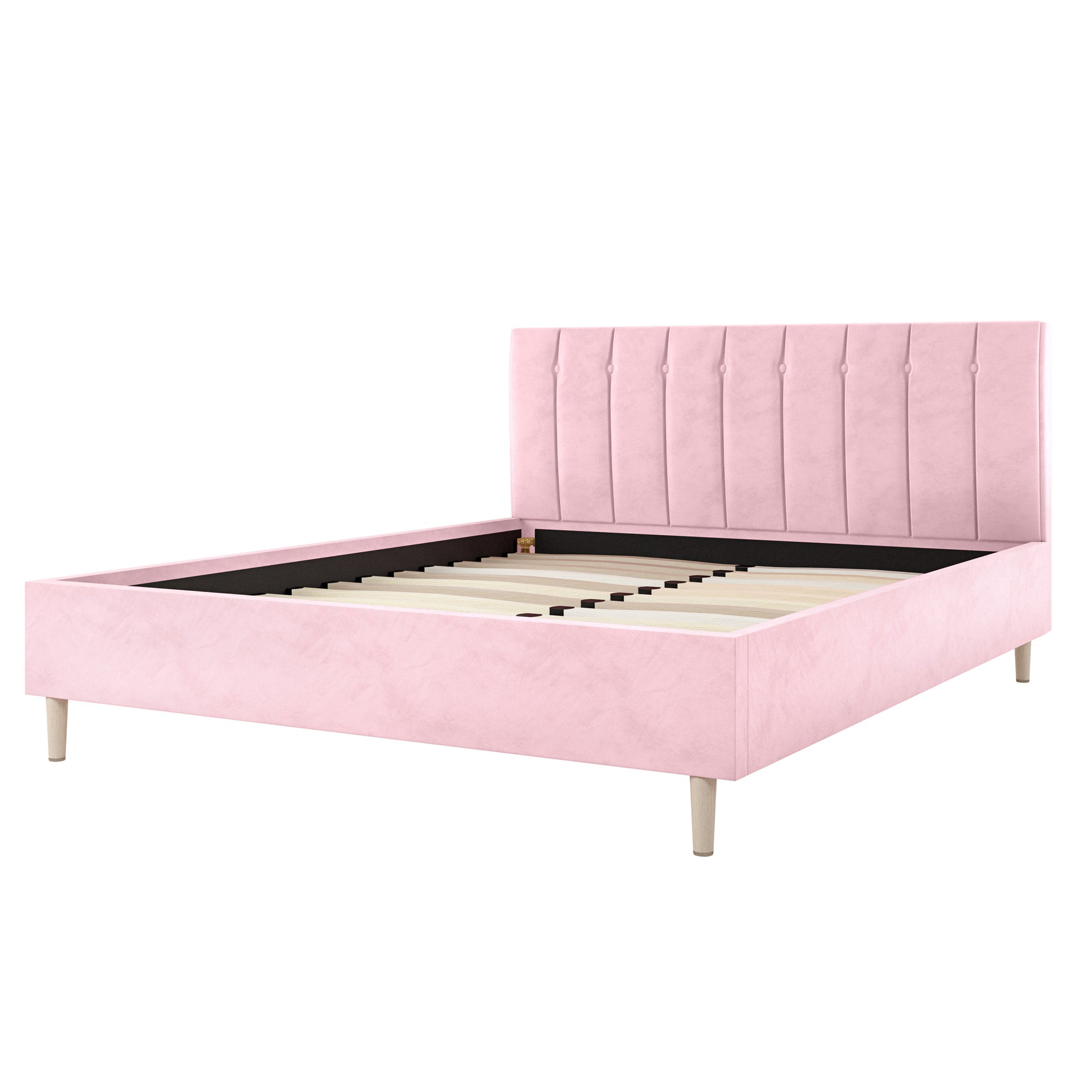 Kelly Queen Velvet Fabric Bed Frame in Pink features a tufted headboard, matching side and foot rails, and short wooden legs, showcasing its elegant design and durable slatted support system.