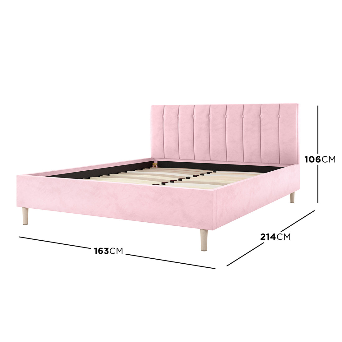 Kelly Queen Velvet Fabric Bed Frame in Pink features a tall, vertically-channeled headboard with plush velvet upholstery, supported by a durable solid wood and metal base, offering a luxurious bedroom upgrade.