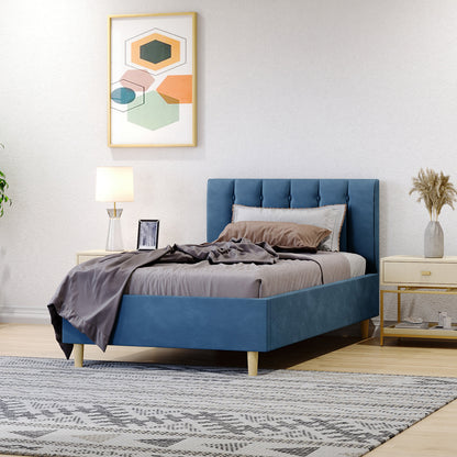 Kelly Velvet Bed Frame - Single (Ocean Blue) featuring a sleek rectangular headboard with vertical channel tufting, mid-century tapered wooden legs, and a solid wood structure, perfect for children's rooms.