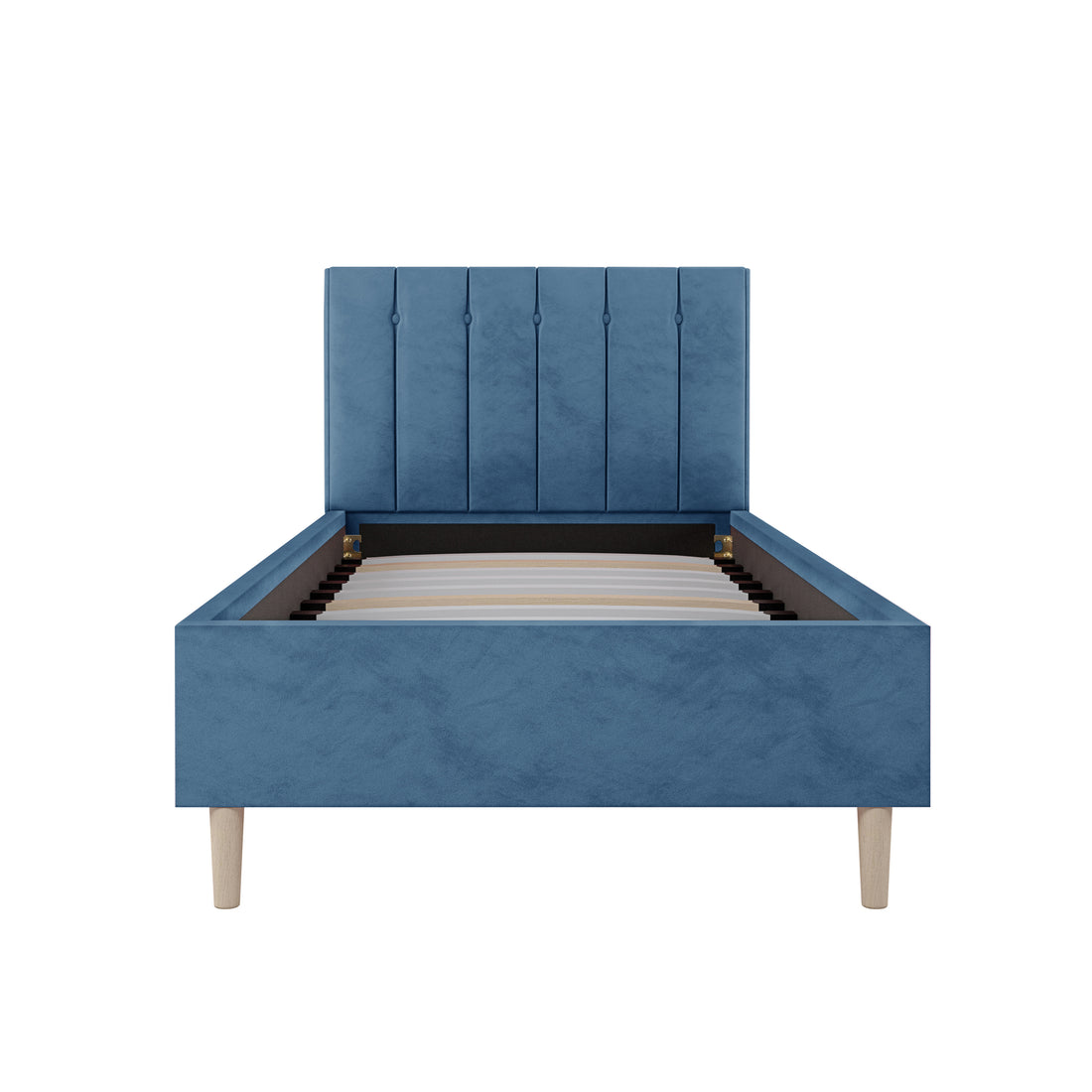 Kelly Velvet Bed Frame - Single in Ocean Blue showcases a sleek velvet headboard with button tufting, supported by tapered wooden legs, offering a luxurious yet compact design for children's rooms.