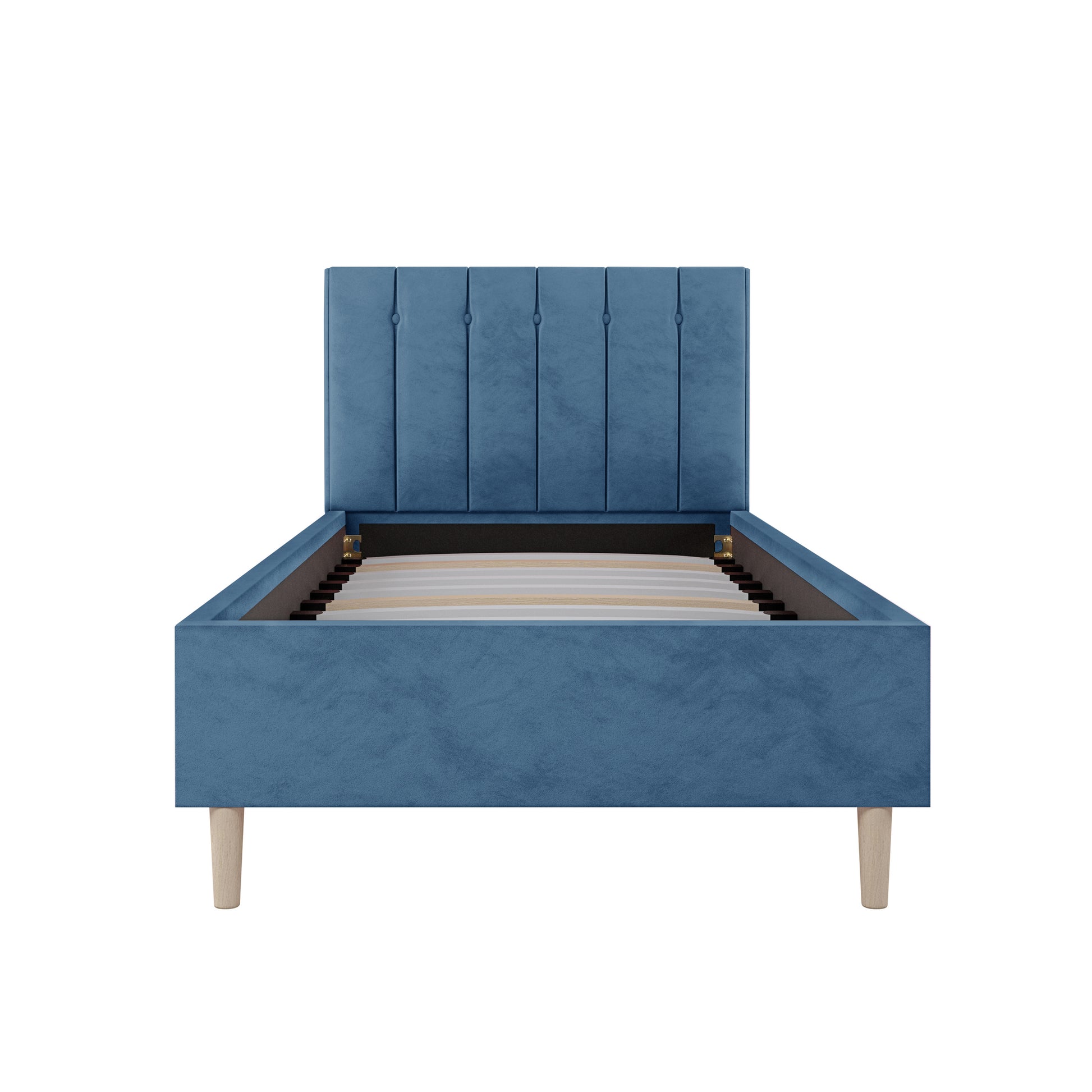 Kelly Velvet Bed Frame - Single in Ocean Blue showcases a sleek velvet headboard with button tufting, supported by tapered wooden legs, offering a luxurious yet compact design for children's rooms.
