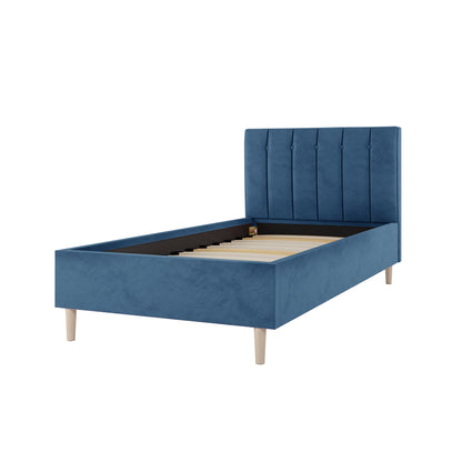 Kelly Velvet Bed Frame - Single (Ocean Blue) features a velvet-upholstered headboard with button detailing, showcasing a sleek design ideal for children's rooms, complemented by sturdy wooden legs and engineered timber slats.