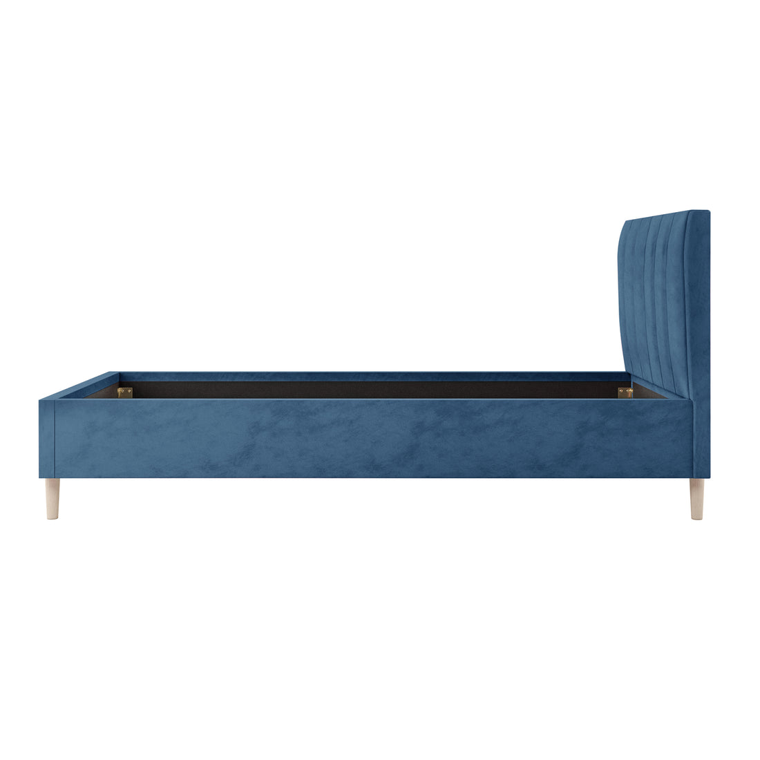 Kelly Single Velvet Bed Frame in Ocean Blue features a close-up view of its sleek rectangular headboard with vertical channel tufting, showcasing luxurious velvet upholstery and mid-century-inspired tapered wooden legs.