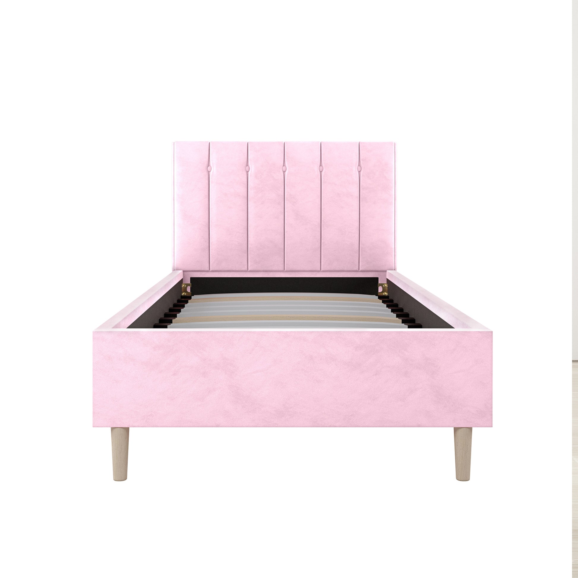 Kelly Single Velvet Fabric Bed Frame in Pink, featuring a tall, tufted headboard and a sturdy wooden slat support system, standing on tapered legs. Shown without a mattress against a plain backdrop.