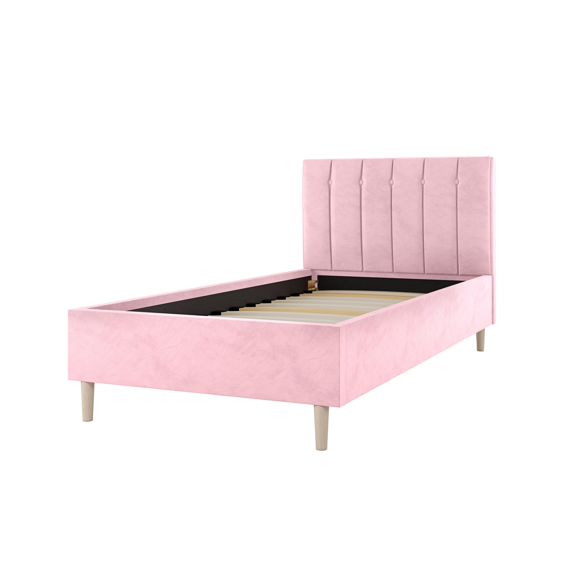 Kelly Single Velvet Fabric Bed Frame in Pink features a tall, channel-tufted headboard, low side and foot rails, and stands on four tapered wooden legs, showcasing its modern design without a mattress.
