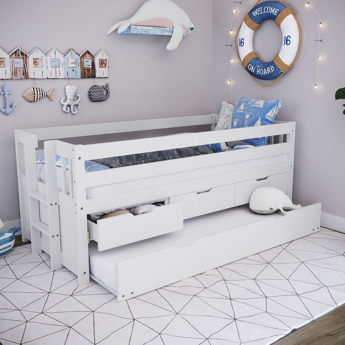 Kiki Single Solid Wood Storage Bed with Trundle in White featuring guard rails, built-in ladder, pull-out trundle, and two storage drawers. Nautical-themed decor with life-preserver, plush sea-creature toys, and anchor hooks.