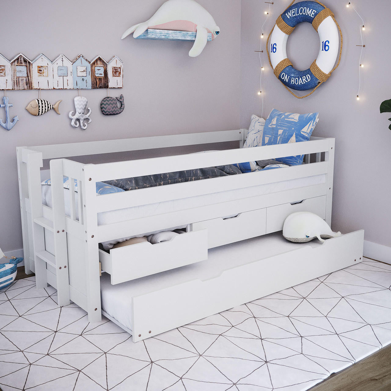 Kiki Single Solid Wood Storage Bed with Trundle in White featuring guard rails, built-in ladder, pull-out trundle, and two storage drawers. Nautical-themed decor with life-preserver, plush sea-creature toys, and anchor hooks.