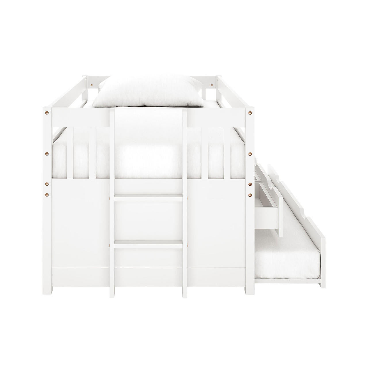 Kiki Single Solid Wood Storage Bed with Trundle in White featuring a top bunk with rails, fixed ladder, lower sleeping area, and pull-out trundle drawer, ideal for added functionality and style.