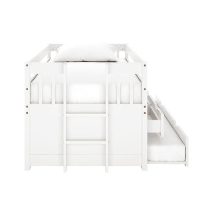Kiki Single Solid Wood Storage Bed with Trundle in White featuring a top bunk with rails, fixed ladder, lower sleeping area, and pull-out trundle drawer, ideal for added functionality and style.