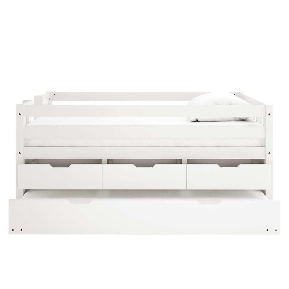 Kiki Single Solid Wood Storage Bed with Trundle in White, showcasing a sleek white frame with guard rails, three drawers, and a full-width trundle drawer, topped with a simple mattress and pillow.