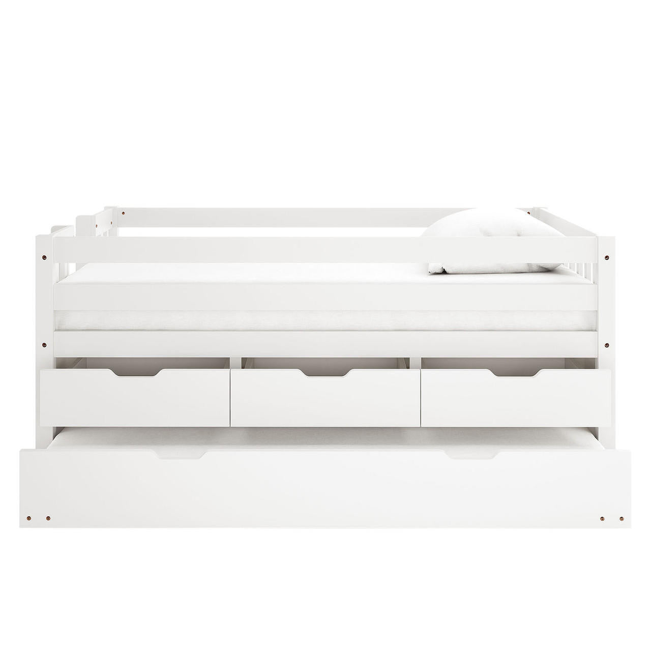 Kiki Single Solid Wood Storage Bed with Trundle in White, showcasing a sleek white frame with guard rails, three drawers, and a full-width trundle drawer, topped with a simple mattress and pillow.