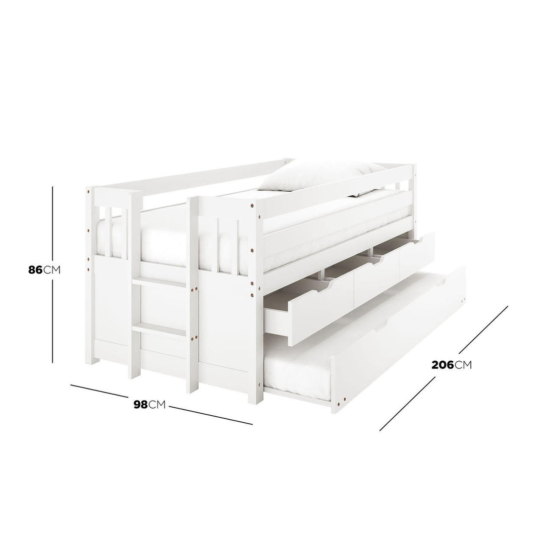 Kiki Single Solid Wood Storage Bed with Trundle in White features a white bunk-style bed with upper guardrails, a ladder, two storage drawers, and a full-size pull-out trundle bed underneath.