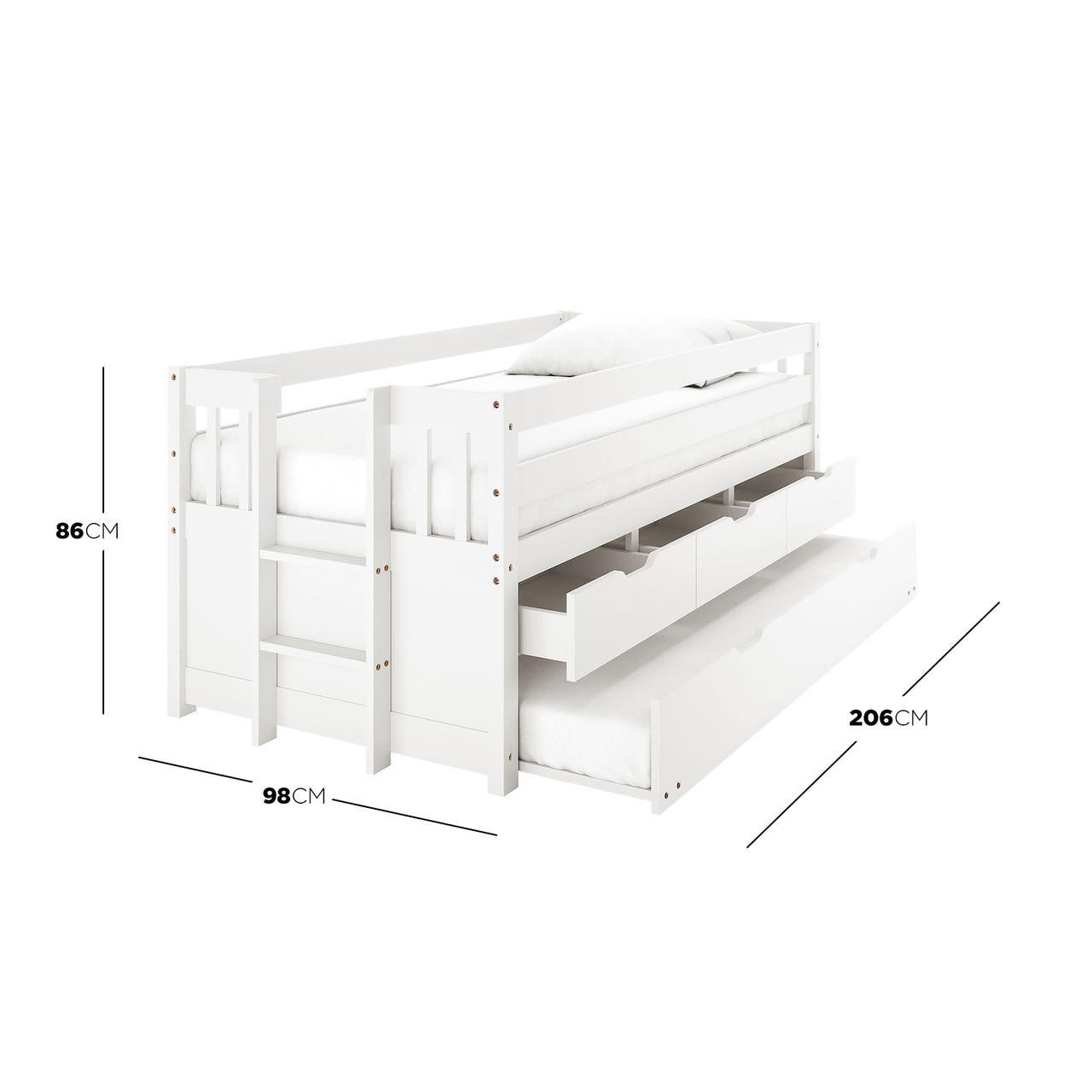 Kiki Single Solid Wood Storage Bed with Trundle in White features a white bunk-style bed with upper guardrails, a ladder, two storage drawers, and a full-size pull-out trundle bed underneath.