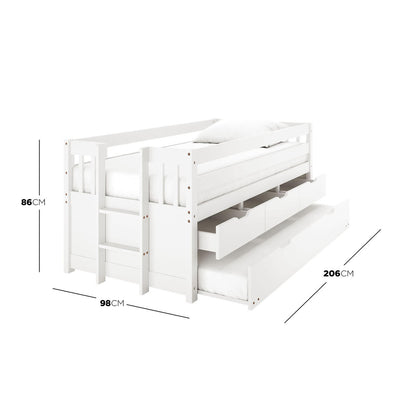 Kiki Single Solid Wood Storage Bed with Trundle in White features a white bunk-style bed with upper guardrails, a ladder, two storage drawers, and a full-size pull-out trundle bed underneath.
