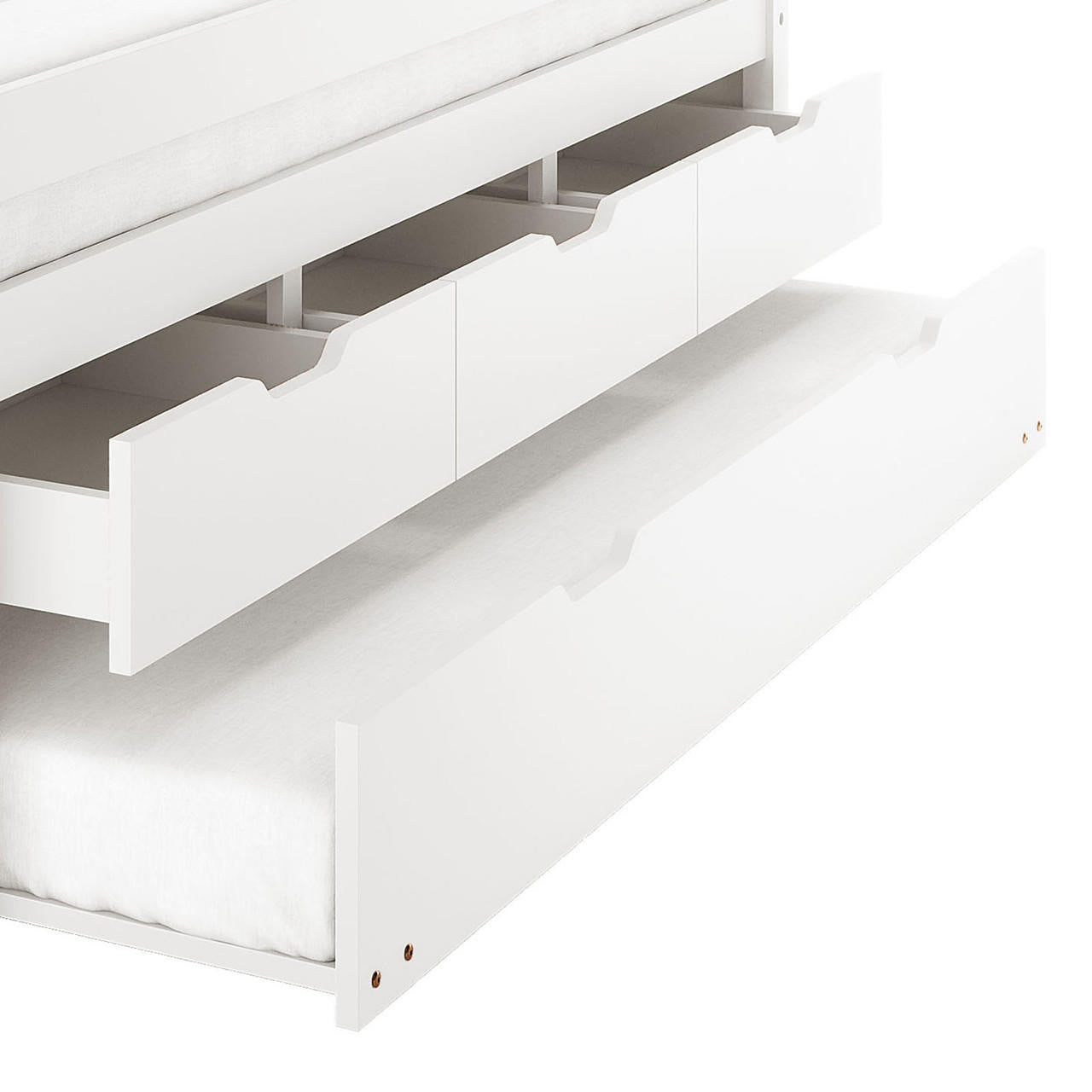 Kiki Single Solid Wood Storage Bed with Trundle in White features a day-bed frame with three shallow drawers and a full-width pull-out trundle, offering functional storage and extra sleeping space.