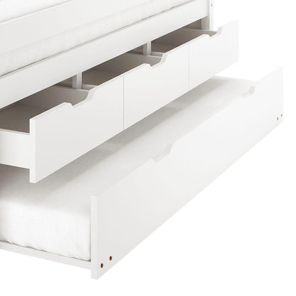 Kiki Single Solid Wood Storage Bed with Trundle in White features a day-bed frame with three shallow drawers and a full-width pull-out trundle, offering functional storage and extra sleeping space.