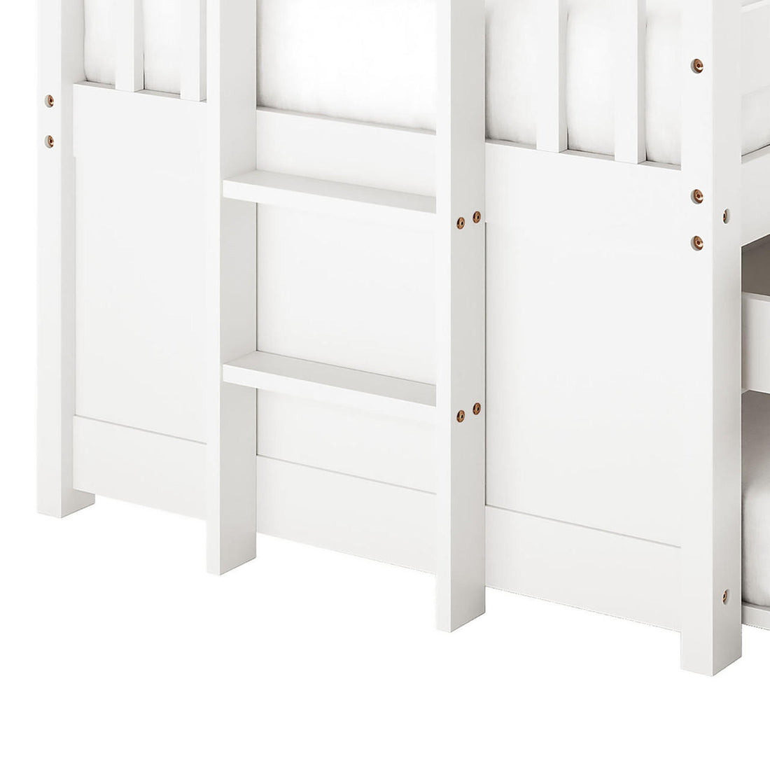 Kiki Solid Single Wood Storage Bed with Trundle in White, showcasing lower bunk frame, vertical posts, and two ladder rungs, highlighting sturdy construction and functional design elements for child-friendly use.