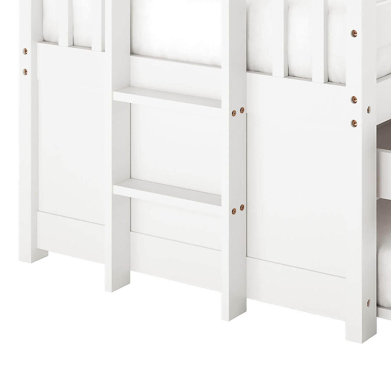 Kiki Solid Single Wood Storage Bed with Trundle in White, showcasing lower bunk frame, vertical posts, and two ladder rungs, highlighting sturdy construction and functional design elements for child-friendly use.