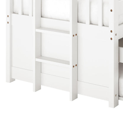 Kiki Solid Single Wood Storage Bed with Trundle in White, showcasing lower bunk frame, vertical posts, and two ladder rungs, highlighting sturdy construction and functional design elements for child-friendly use.
