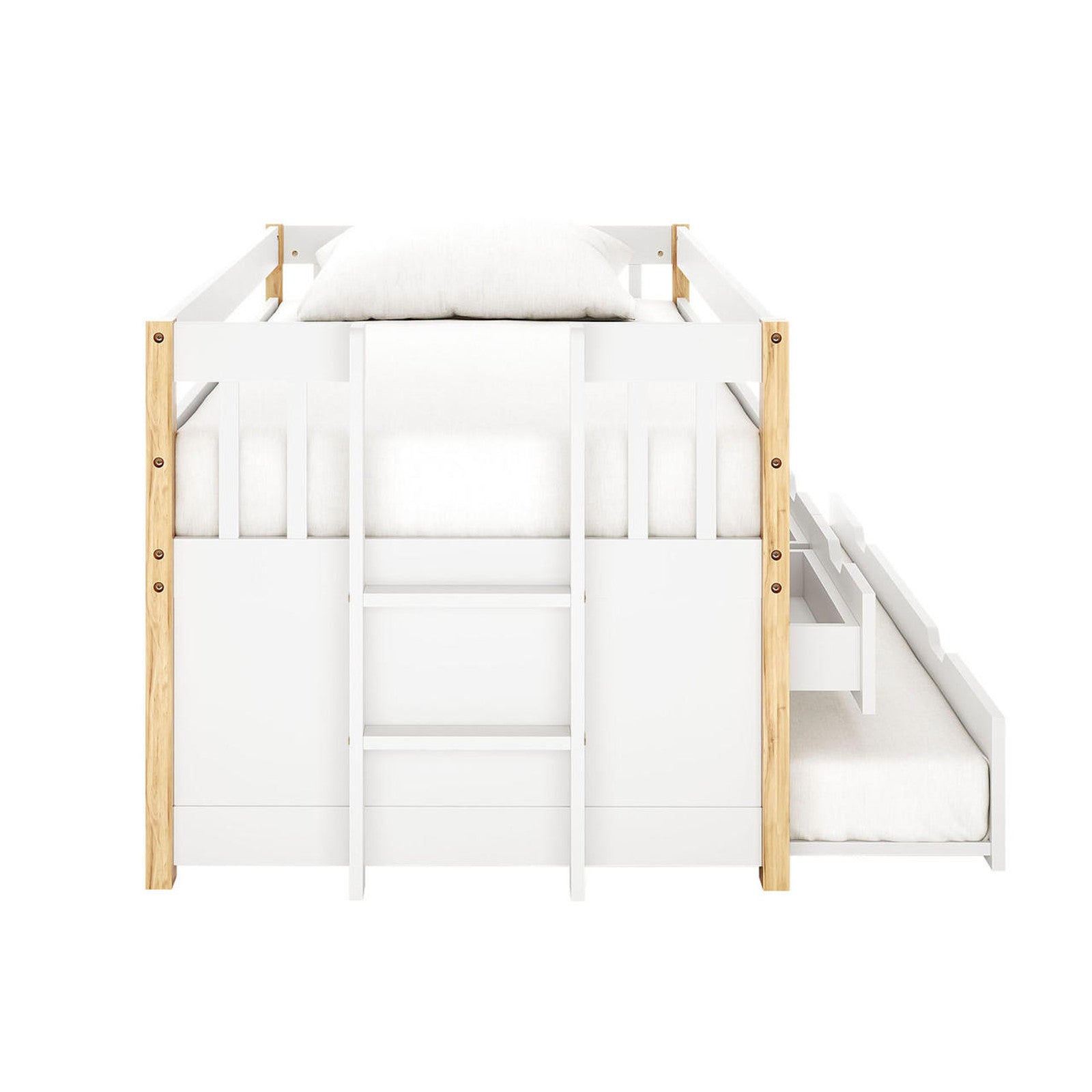 Kiki Single Solid Wood Storage Bed with Trundle in Natural features a white loft-style frame, natural wood corner posts, built-in ladder, raised bunk with guardrails, and a pull-out trundle underneath.