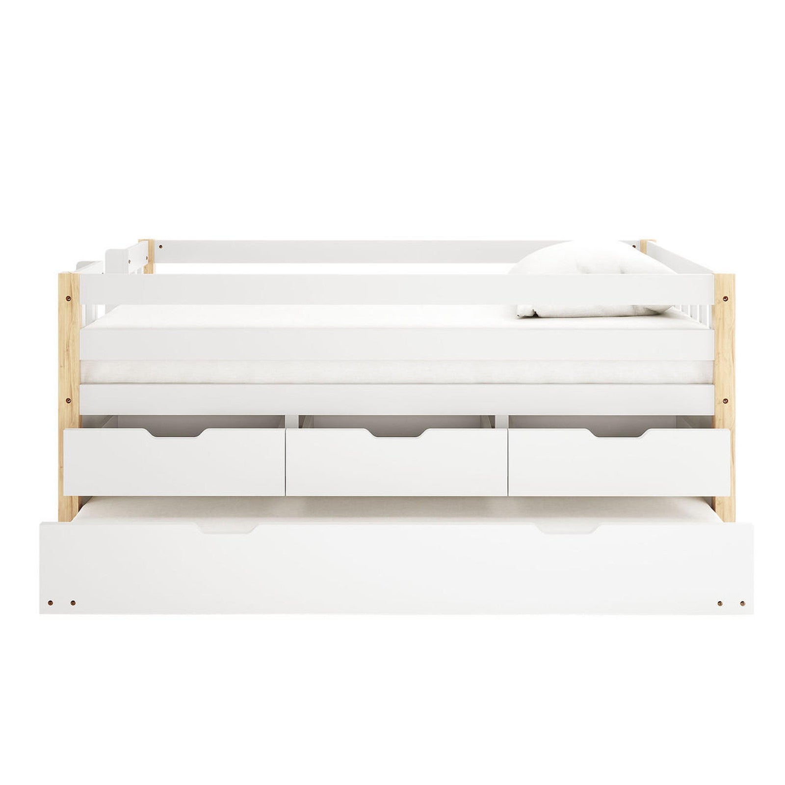 Kiki Single Solid Wood Storage Bed with Trundle in Natural features a white daybed with safety rails, three storage drawers, and a trundle drawer, providing functional sleeping and storage solutions for children's rooms.