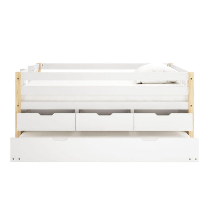 Kiki Single Solid Wood Storage Bed with Trundle in Natural features a white daybed with safety rails, three storage drawers, and a trundle drawer, providing functional sleeping and storage solutions for children's rooms.