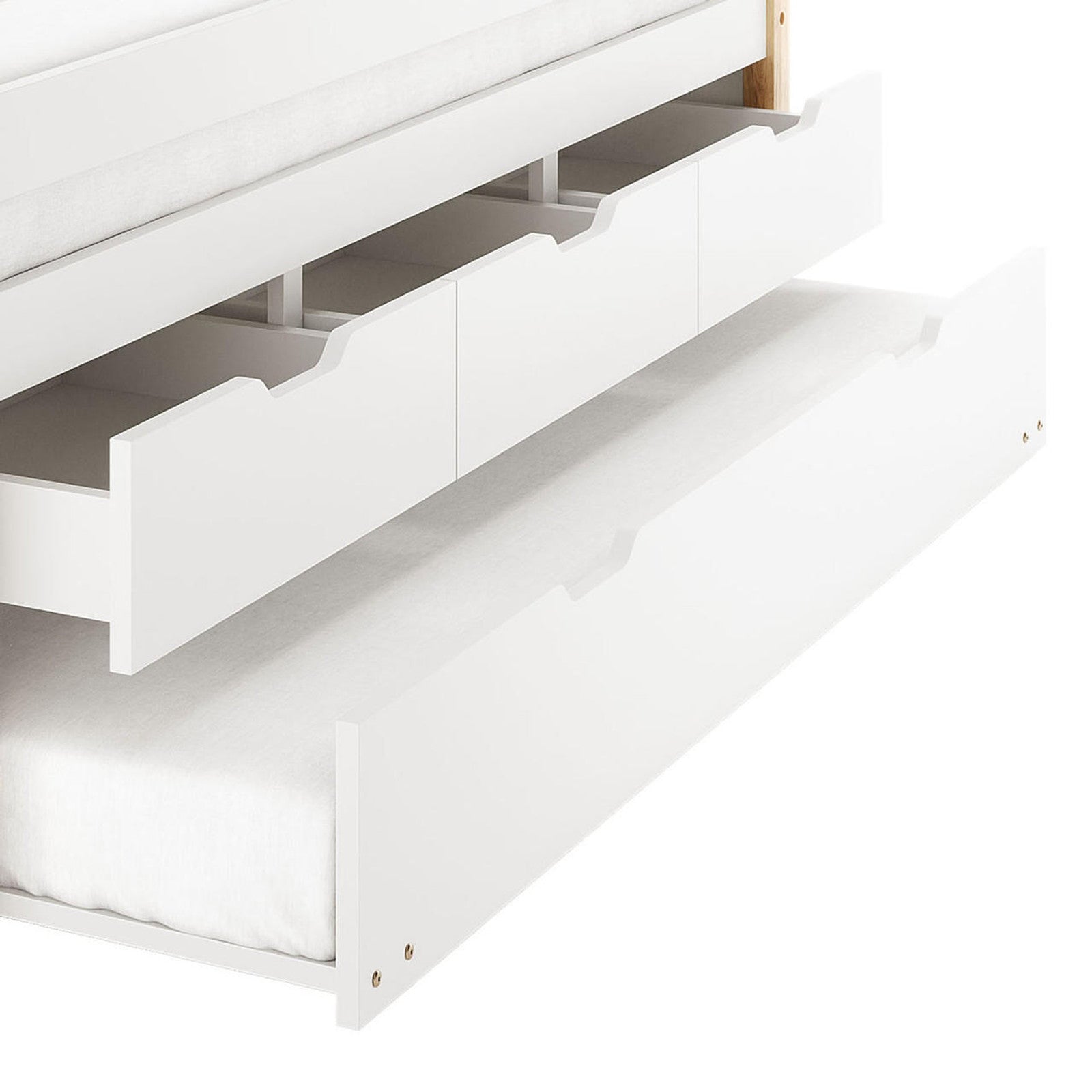 Kiki Single Solid Wood Storage Bed with Trundle in Natural, showcasing a white wooden frame with three visible shallow drawers and an extended pull-out trundle underneath, all empty, highlighting spacious storage options.