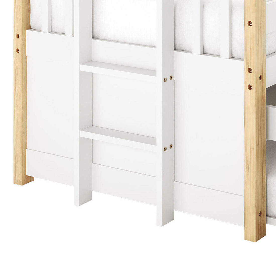 The image displays the lower portion of the Kiki Single Solid Wood Storage Bed with Trundle in Natural, highlighting its white frame, built-in ladder, and natural wood support posts.