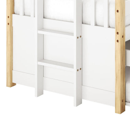 The image displays the lower portion of the Kiki Single Solid Wood Storage Bed with Trundle in Natural, highlighting its white frame, built-in ladder, and natural wood support posts.