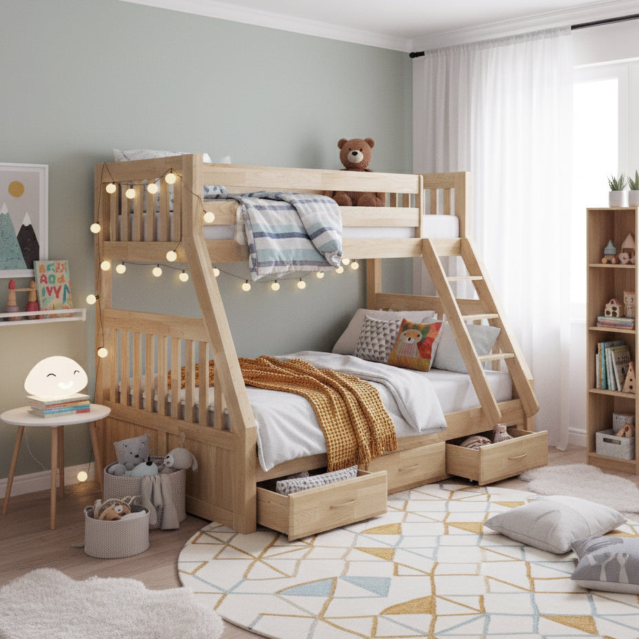 Kourtney Hardwood Triple Bunk Bed with Drawers in Natural, featuring a twin-over-full design, soft linens, fairy lights, a teddy bear, and underbed storage drawers in a cozy kids’ bedroom setting.