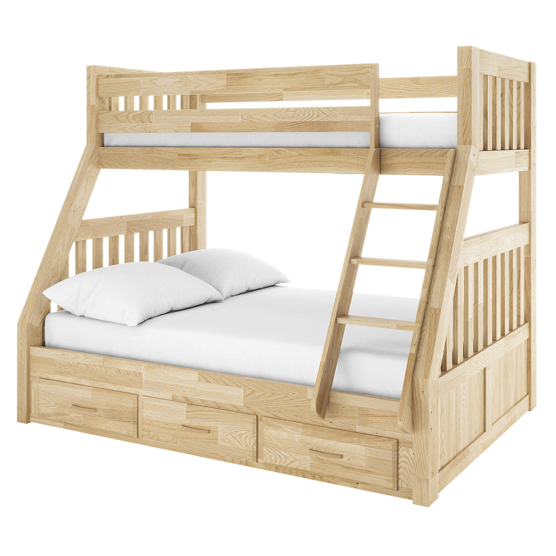 Kourtney Hardwood Triple Bunk Bed with Drawers in Natural, featuring a light wood frame, two sleeping levels, an angled ladder, slatted guardrails, and three built-in storage drawers at the base.