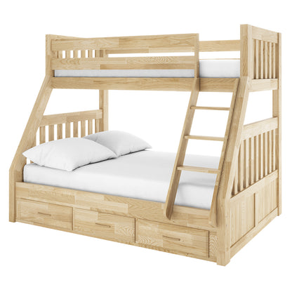 Kourtney Hardwood Triple Bunk Bed with Drawers in Natural, featuring a light wood frame, two sleeping levels, an angled ladder, slatted guardrails, and three built-in storage drawers at the base.