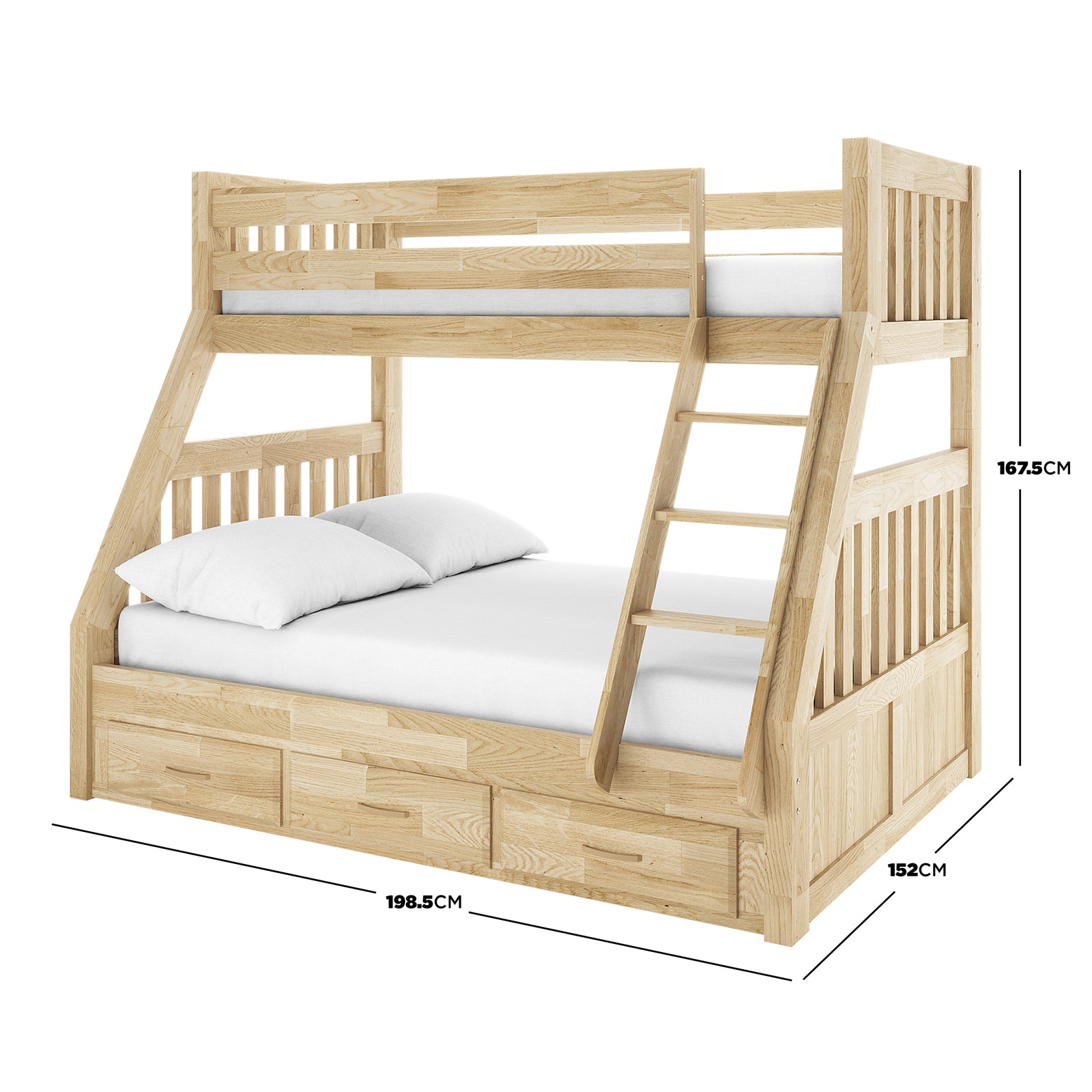 Kourtney Hardwood Triple Bunk Bed with Drawers in Natural features a sturdy L-shaped design with twin over double mattresses, a slanted ladder, and built-in drawers for storage, ideal for shared spaces.