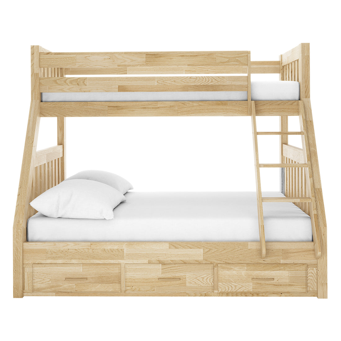 Kourtney Hardwood Triple Bunk Bed with Drawers in Natural features a twin-over-full design, guard rails, a ladder, and three storage drawers, offering space-saving functionality and solid timber construction.