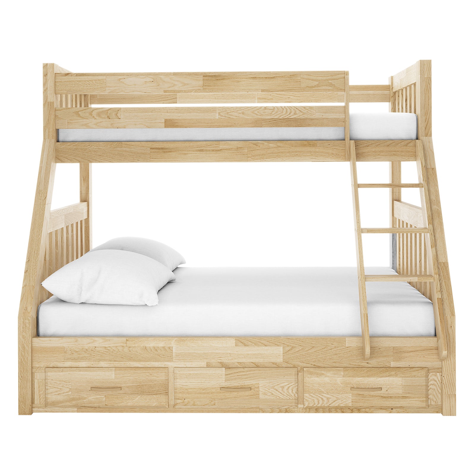 Kourtney Hardwood Triple Bunk Bed with Drawers in Natural features a twin-over-full design, guard rails, a ladder, and three storage drawers, offering space-saving functionality and solid timber construction.